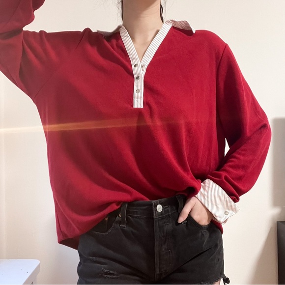 Carolina Red Academia Style Long Sleeve V Neck Shirt - Picture 2 of 6